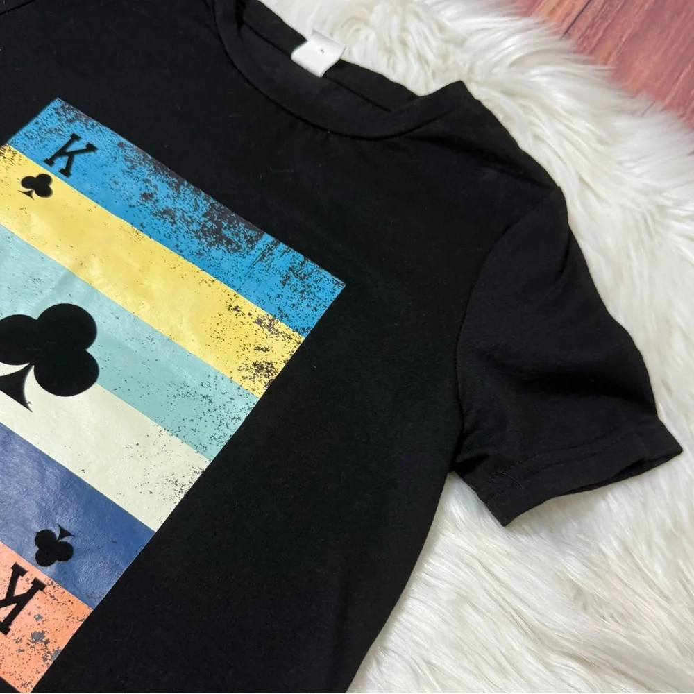 SHEIN Youth Boy Size 7Y Black Short Sleeve Tee with Colorful Card Design
